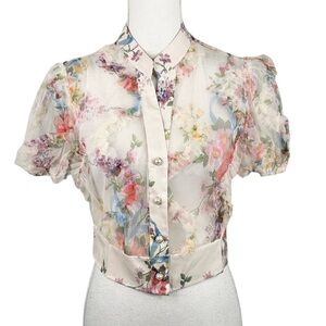 Aveloria Cottagecore Floral Sheer Button Down Coquette Romantic Top Size Small